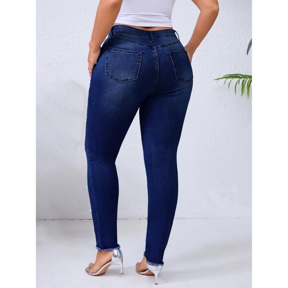 Women Skinny Stretch Denim Jeans Mid Rise Pearl Embellished Frayed Ripped - Picture 2 of 6